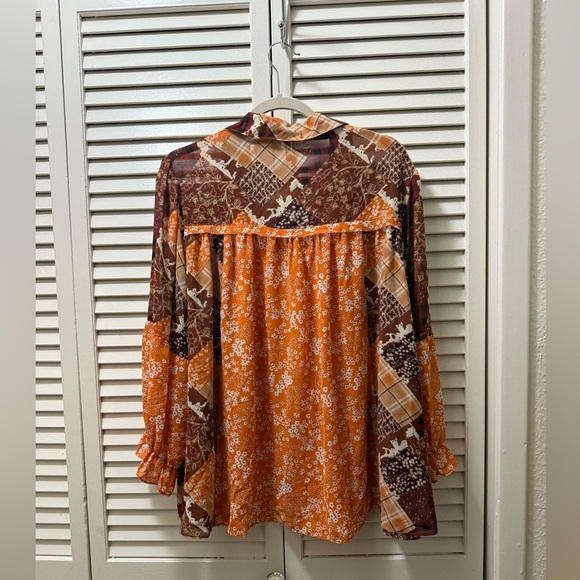 Cato Patchwork Long Sleeve Blouse Boho Floral Top Shirt Fall Orange Brown - Picture 2 of 5